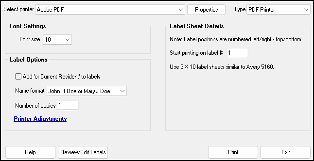 Image of Mailing Label printing dialog box